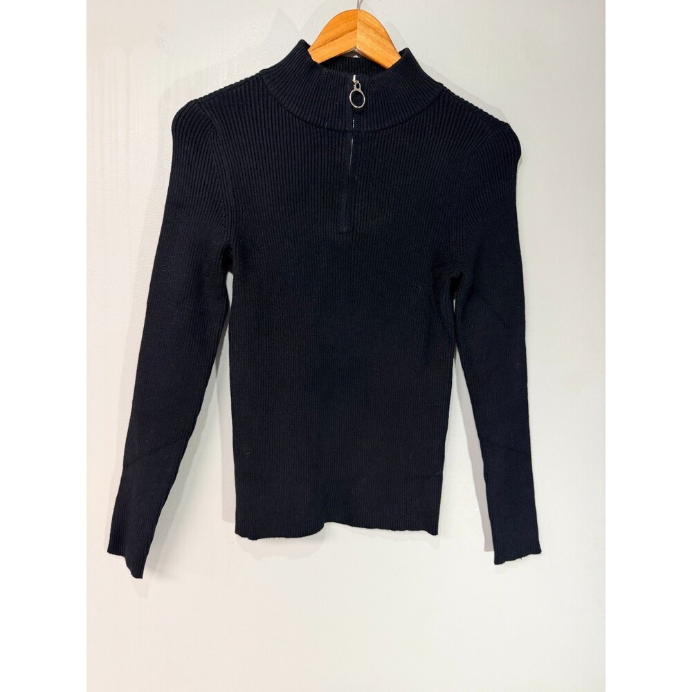 NWT Fashion Women's S Black Ribbed Quarter Zip Mock Neck Ring Pull Sweater